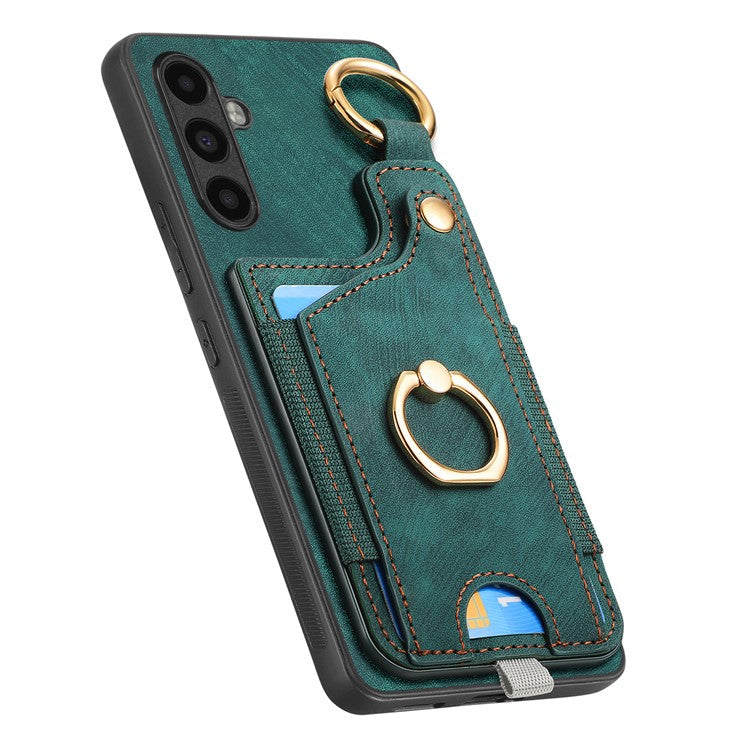 D6 For Samsung Galaxy A55 5G Case Card Holder Leather+TPU Phone Back Cover with Ring Kickstand - Green