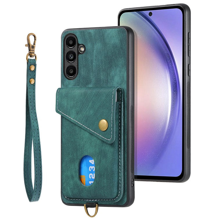 D1 For Samsung Galaxy M15 5G Retro Card Holder Case PU+TPU Phone Cover with Kickstand - Green