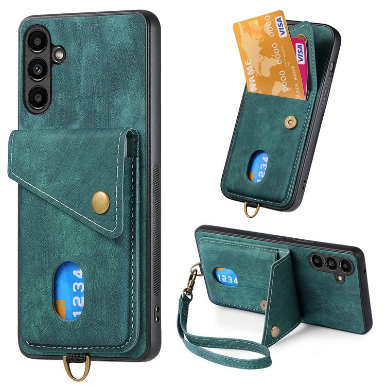 D1 For Samsung Galaxy M15 5G Retro Card Holder Case PU+TPU Phone Cover with Kickstand - Green