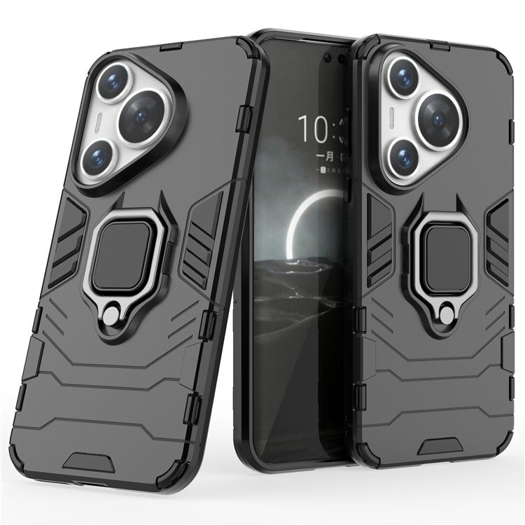 For Huawei Pura 70 Case Slim-Fit PC+TPU Ring Holder Kickstand Protective Cover - Black
