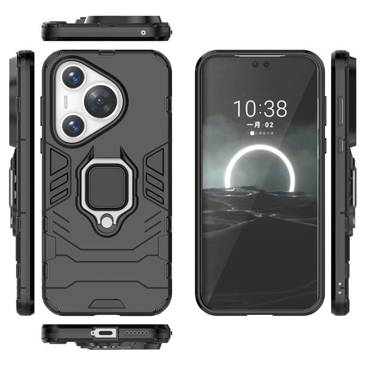 For Huawei Pura 70 Case Slim-Fit PC+TPU Ring Holder Kickstand Protective Cover - Black