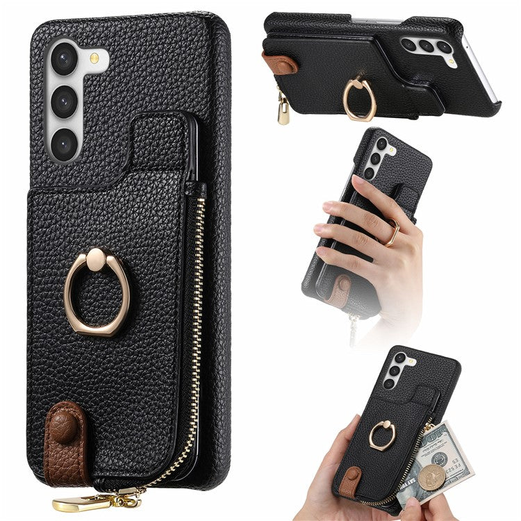 Y3 For Samsung Galaxy S23 Case Zipper RFID Blocking Ring Kickstand Phone Back Cover - Black