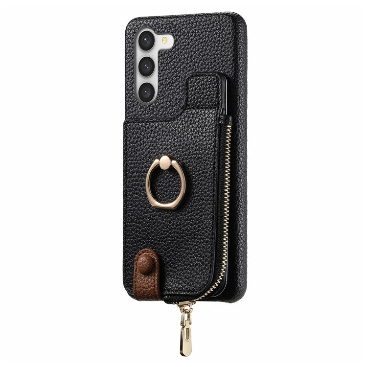 Y3 For Samsung Galaxy S23 Case Zipper RFID Blocking Ring Kickstand Phone Back Cover - Black