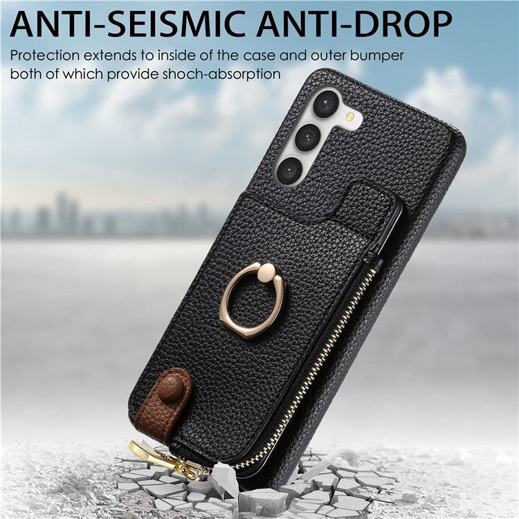 Y3 For Samsung Galaxy S23 Case Zipper RFID Blocking Ring Kickstand Phone Back Cover - Black
