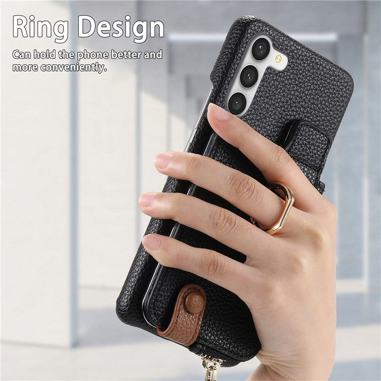 Y3 For Samsung Galaxy S23 Case Zipper RFID Blocking Ring Kickstand Phone Back Cover - Black