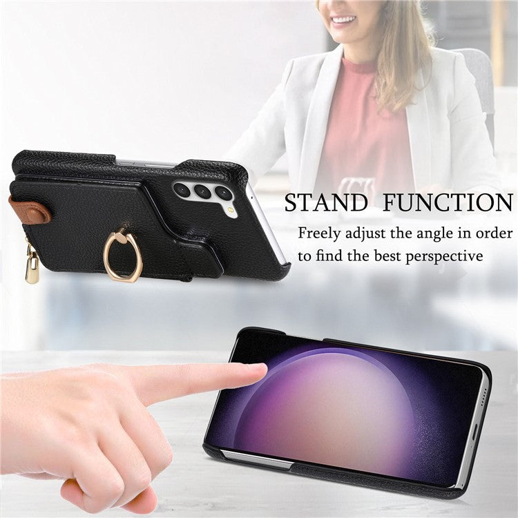 Y3 For Samsung Galaxy S23 Case Zipper RFID Blocking Ring Kickstand Phone Back Cover - Black