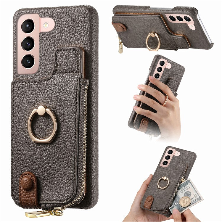 Y3 for Samsung Galaxy S21+ 5G Leather+TPU Ring Kickstand Case Phone Cover with Zipper Pocket - Grey