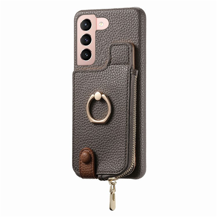 Y3 for Samsung Galaxy S21+ 5G Leather+TPU Ring Kickstand Case Phone Cover with Zipper Pocket - Grey