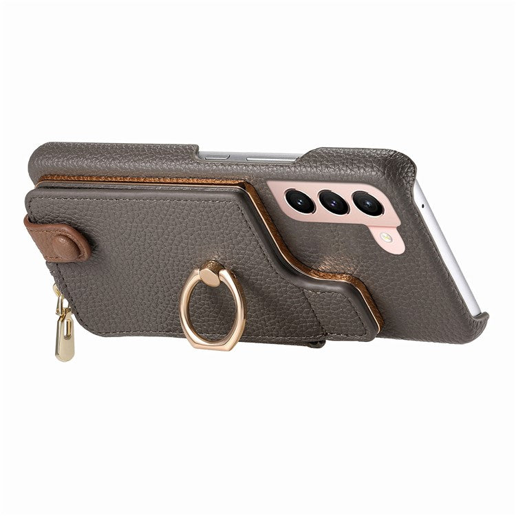 Y3 for Samsung Galaxy S21+ 5G Leather+TPU Ring Kickstand Case Phone Cover with Zipper Pocket - Grey