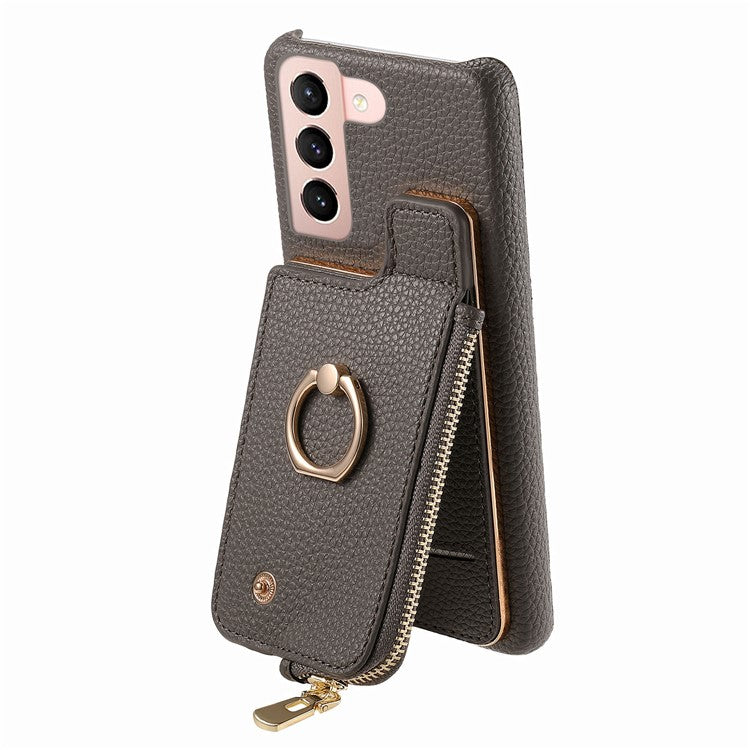 Y3 for Samsung Galaxy S21+ 5G Leather+TPU Ring Kickstand Case Phone Cover with Zipper Pocket - Grey