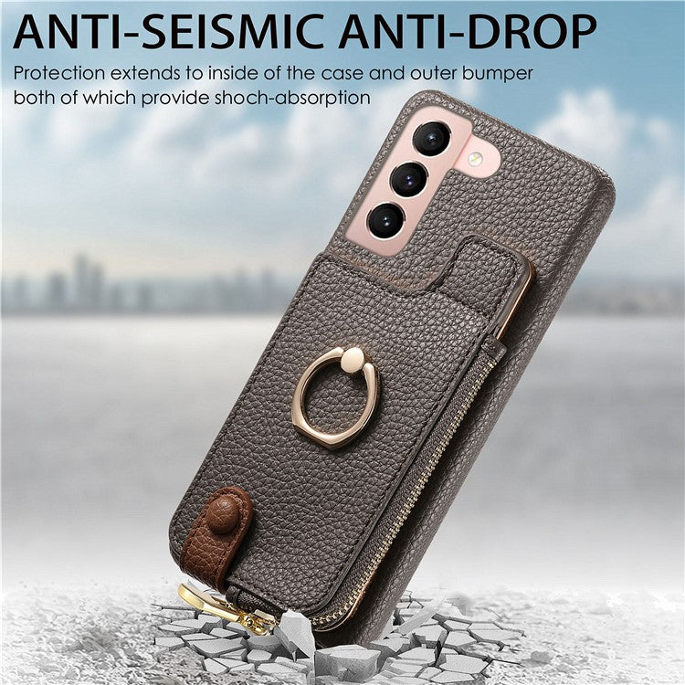 Y3 for Samsung Galaxy S21+ 5G Leather+TPU Ring Kickstand Case Phone Cover with Zipper Pocket - Grey