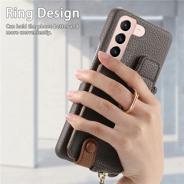 Y3 for Samsung Galaxy S21+ 5G Leather+TPU Ring Kickstand Case Phone Cover with Zipper Pocket - Grey