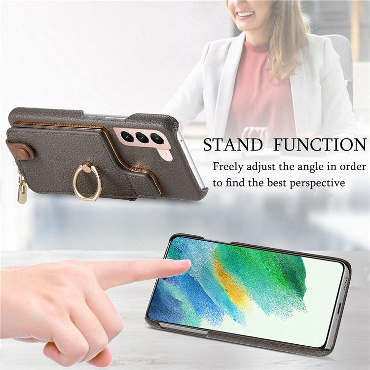 Y3 for Samsung Galaxy S21+ 5G Leather+TPU Ring Kickstand Case Phone Cover with Zipper Pocket - Grey