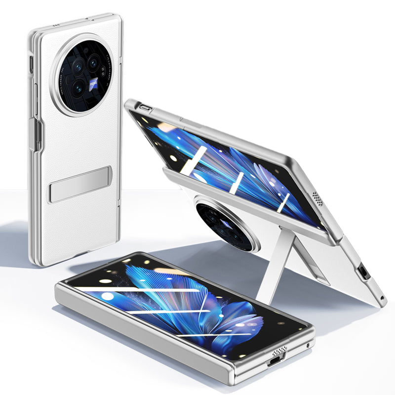 For vivo X Fold3 Case Leather Coated PC Magnetic Kickstand Phone Cover with HD Screen Film - Grey