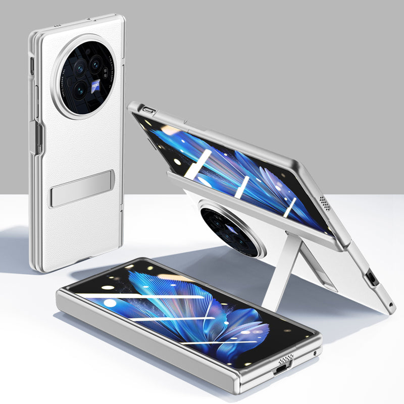 For vivo X Fold3 Case Leather Coated PC Magnetic Kickstand Phone Cover with HD Screen Film - Grey