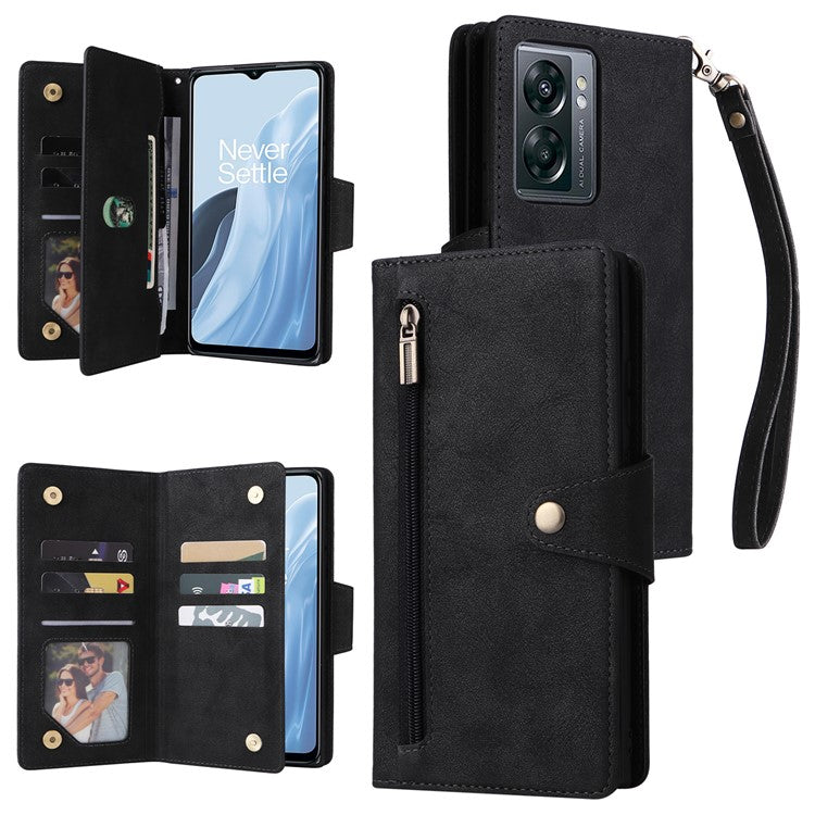 For OnePlus Nord N300 5G Case with Wrist Strap Rivet Decor PU Leather Phone Stand Cover - Black