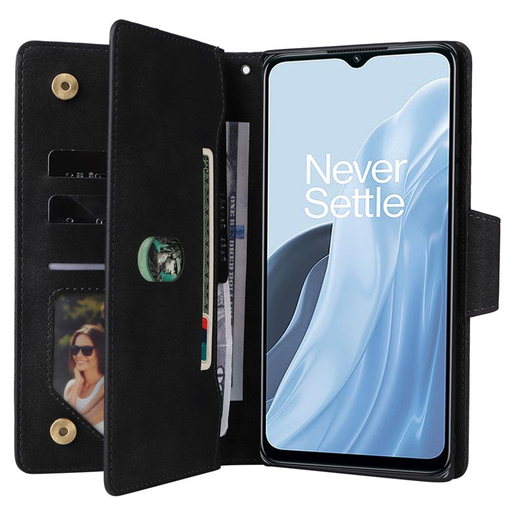 For OnePlus Nord N300 5G Case with Wrist Strap Rivet Decor PU Leather Phone Stand Cover - Black