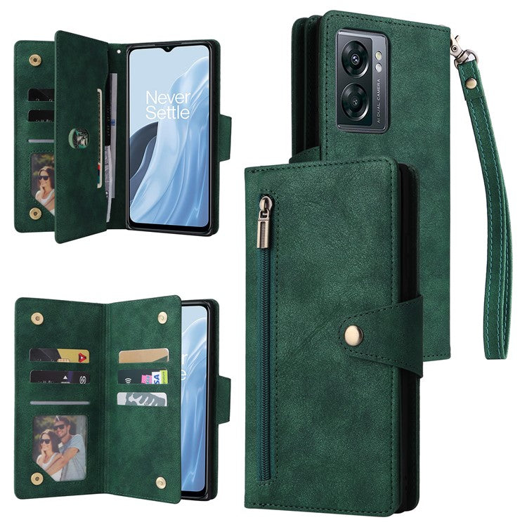 For OnePlus Nord N300 5G Case with Wrist Strap Rivet Decor PU Leather Phone Stand Cover - Green