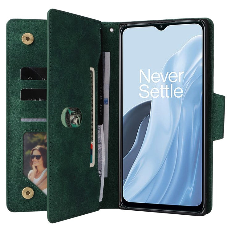 For OnePlus Nord N300 5G Case with Wrist Strap Rivet Decor PU Leather Phone Stand Cover - Green