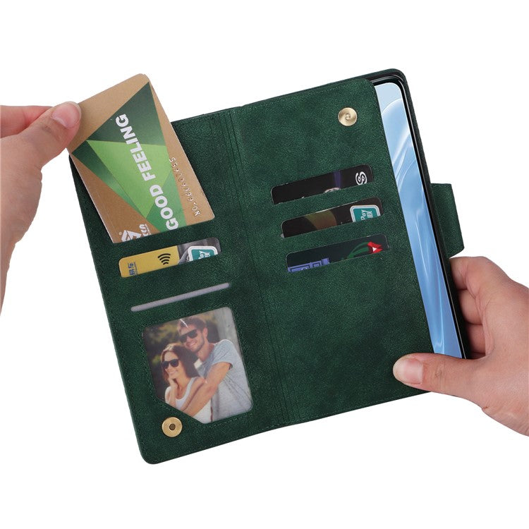 For OnePlus Nord N300 5G Case with Wrist Strap Rivet Decor PU Leather Phone Stand Cover - Green