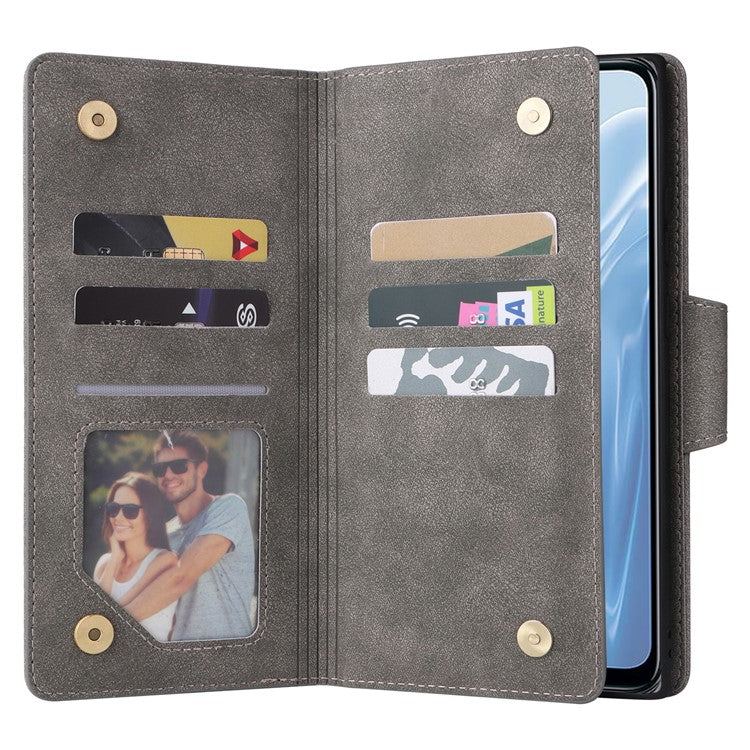 For OnePlus Nord N300 5G Case with Wrist Strap Rivet Decor PU Leather Phone Stand Cover - Grey