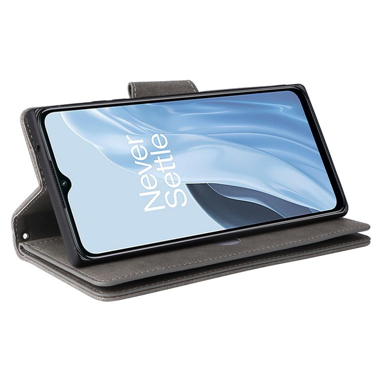 For OnePlus Nord N300 5G Case with Wrist Strap Rivet Decor PU Leather Phone Stand Cover - Grey