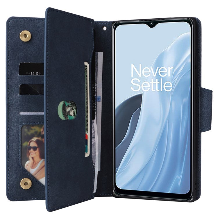 For OnePlus Nord N300 5G Case with Wrist Strap Rivet Decor PU Leather Phone Stand Cover - Blue