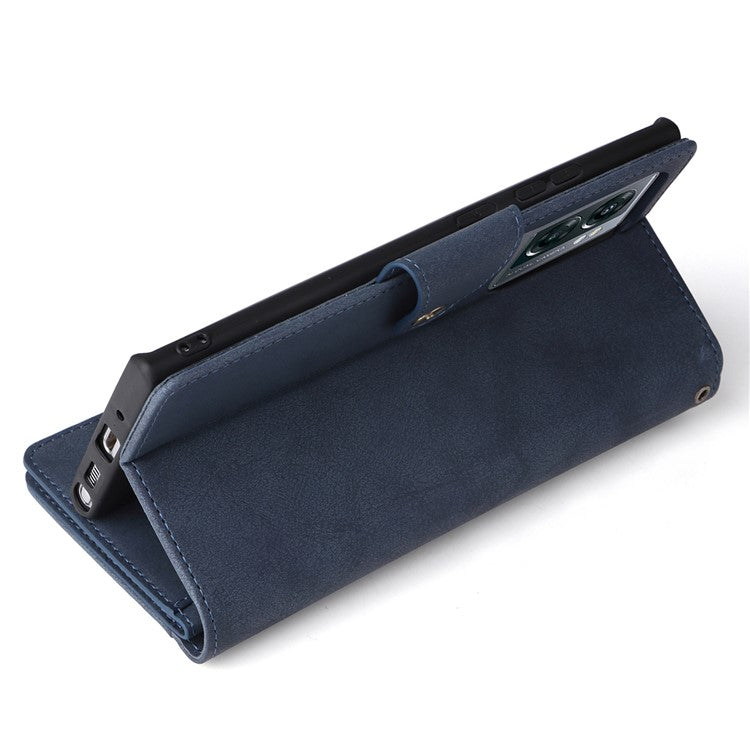 For OnePlus Nord N300 5G Case with Wrist Strap Rivet Decor PU Leather Phone Stand Cover - Blue