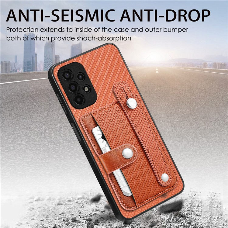 C1-01 For Samsung Galaxy A53 5G Case Card Slot Carbon Fiber Texture PU Hybrid Phone Cover - Blue