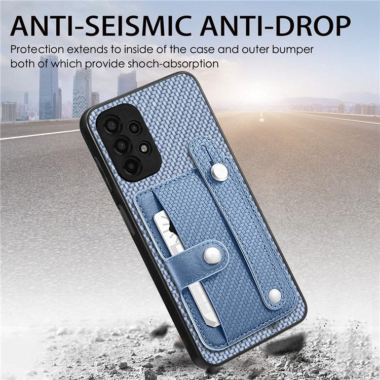 C1-01 For Samsung Galaxy A53 5G Case Card Slot Carbon Fiber Texture PU Hybrid Phone Cover - Blue