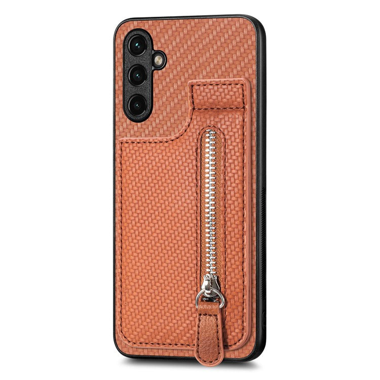 C1-03 For Samsung Galaxy A05s 4G Case Carbon Fiber Kickstand Cover Support Magnetic Car Mount Holder - Brown