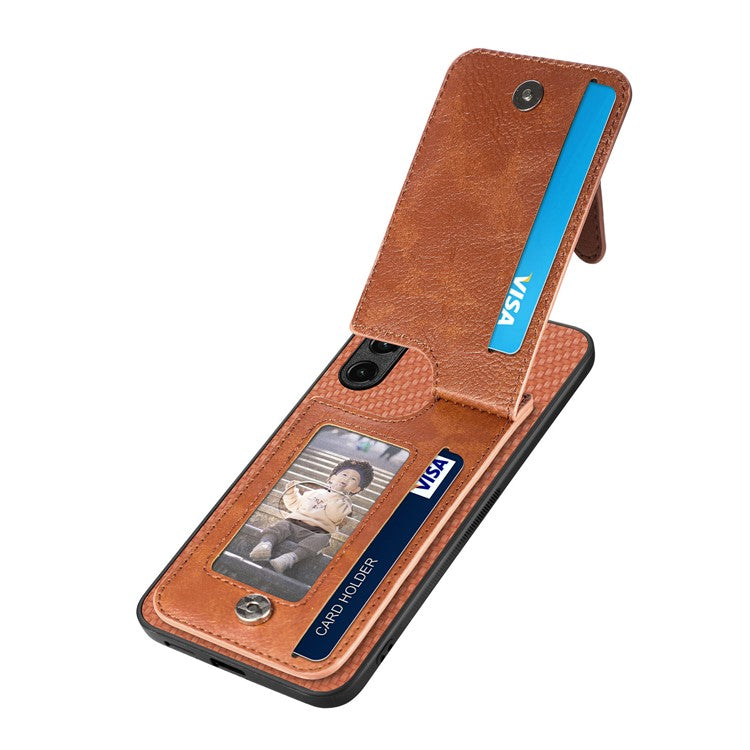 C1-03 For Samsung Galaxy A05s 4G Case Carbon Fiber Kickstand Cover Support Magnetic Car Mount Holder - Brown