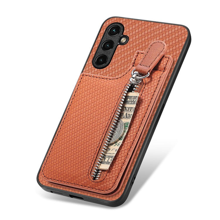 C1-03 For Samsung Galaxy A05s 4G Case Carbon Fiber Kickstand Cover Support Magnetic Car Mount Holder - Brown