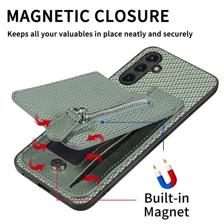 C1-03 For Samsung Galaxy A05s 4G Case Carbon Fiber Kickstand Cover Support Magnetic Car Mount Holder - Brown