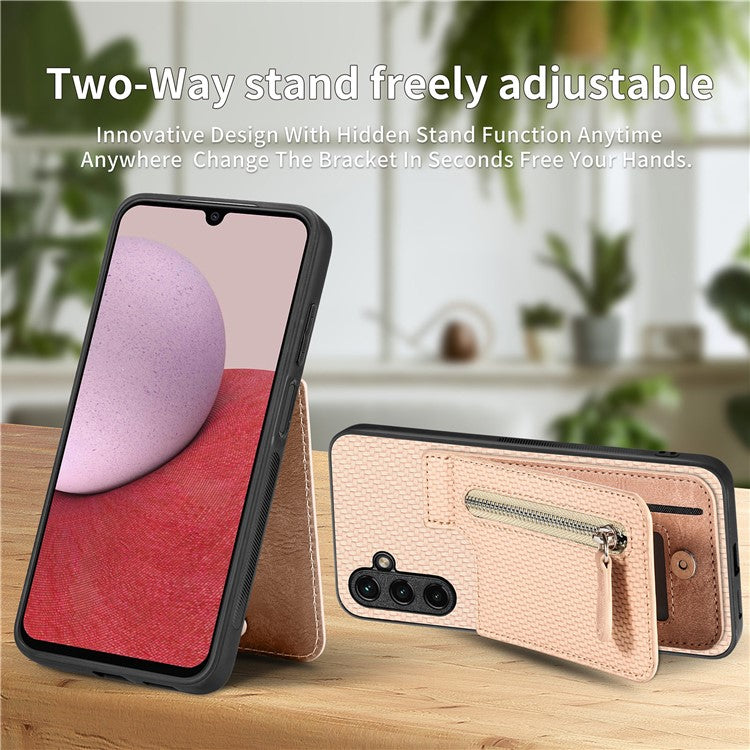 C1-03 For Samsung Galaxy A05s 4G Case Carbon Fiber Kickstand Cover Support Magnetic Car Mount Holder - Brown
