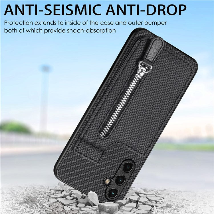 C1-03 For Samsung Galaxy A05s 4G Case Carbon Fiber Kickstand Cover Support Magnetic Car Mount Holder - Brown