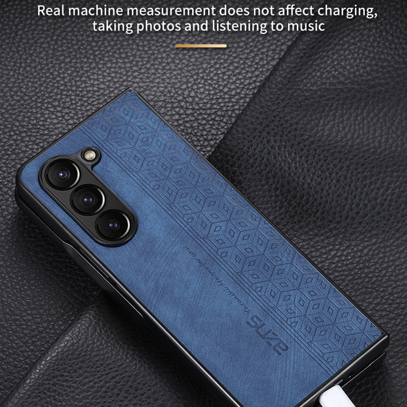 AZNS For Samsung Galaxy Z Fold6 5G Case PU Leather+Hard PC Non-Slip Grip Phone Cover - Blue