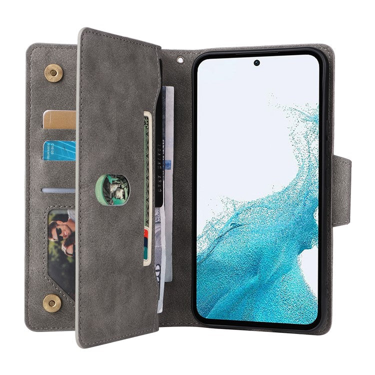 For Samsung Galaxy A54 5G Wallet Phone Case Rivet Decor Leather Flip Folio Cover - Grey
