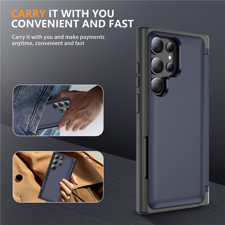 For Samsung Galaxy S23 Ultra Case Card Holder TPU+PC Phone Cover with Flip Kickstand - Sapphire