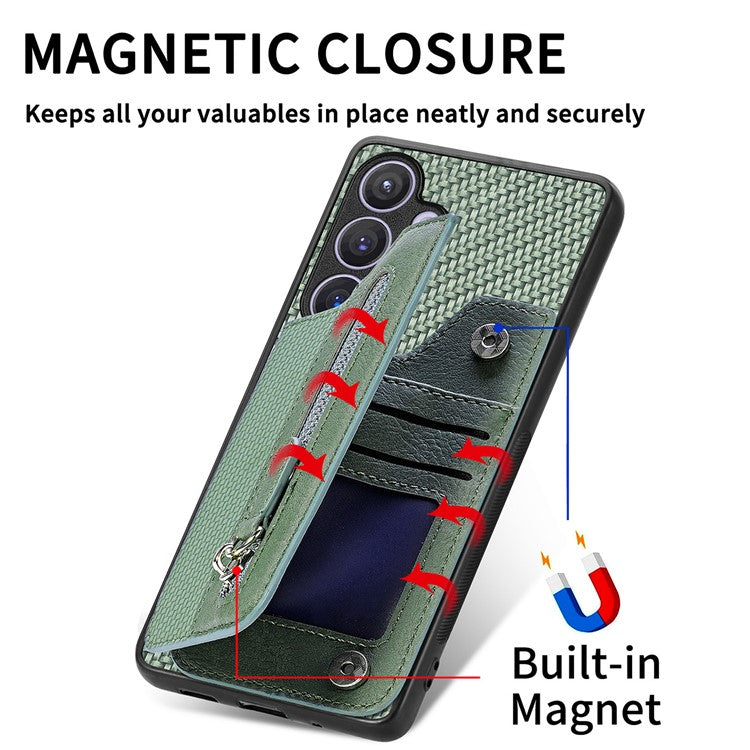 C1-04 For Samsung Galaxy S24 Case Zipper Wallet Leather+PC+TPU Kickstand Phone Cover - Green