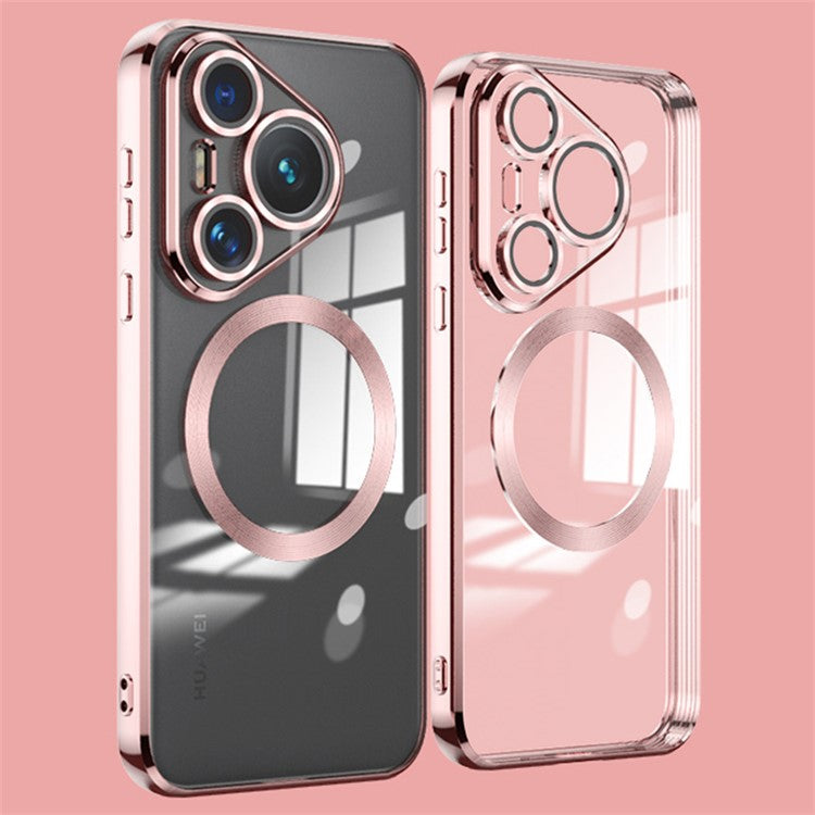 For Huawei Pura 70 Pro Clear Case Electroplating TPU Phone Cover Built-In Glass Lens Film - Rose Gold