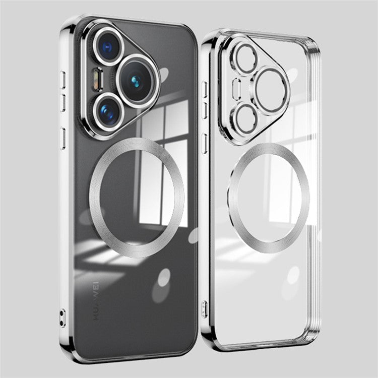For Huawei Pura 70 Case Electroplating Clear TPU Cell Phone Cover Built-In Glass Lens Film - Silver