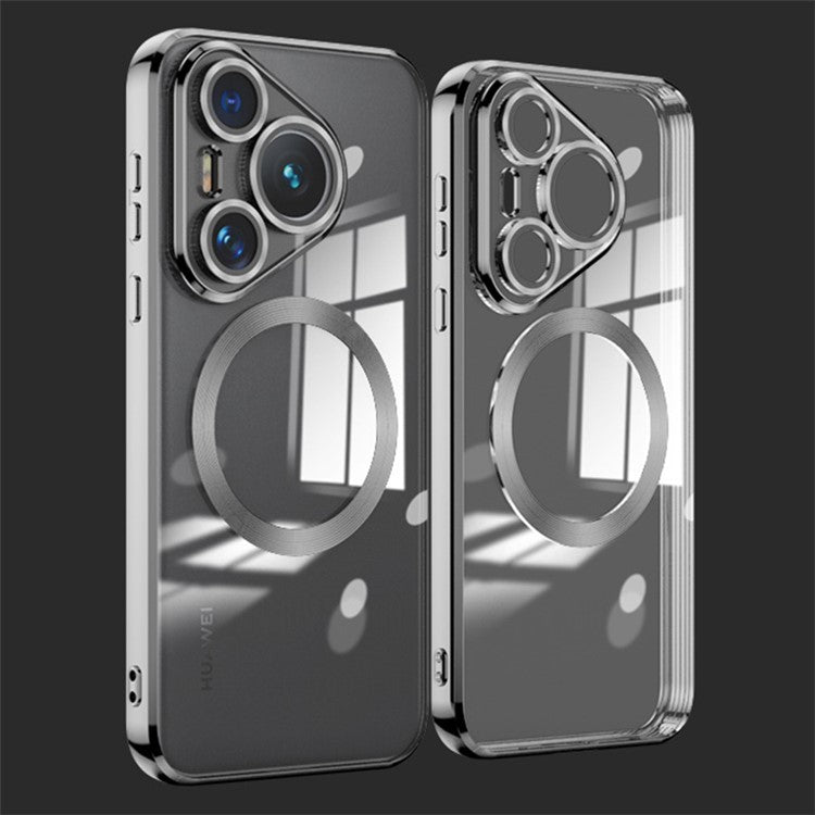 For Huawei Pura 70 Case Electroplating Clear TPU Cell Phone Cover Built-In Glass Lens Film - Black