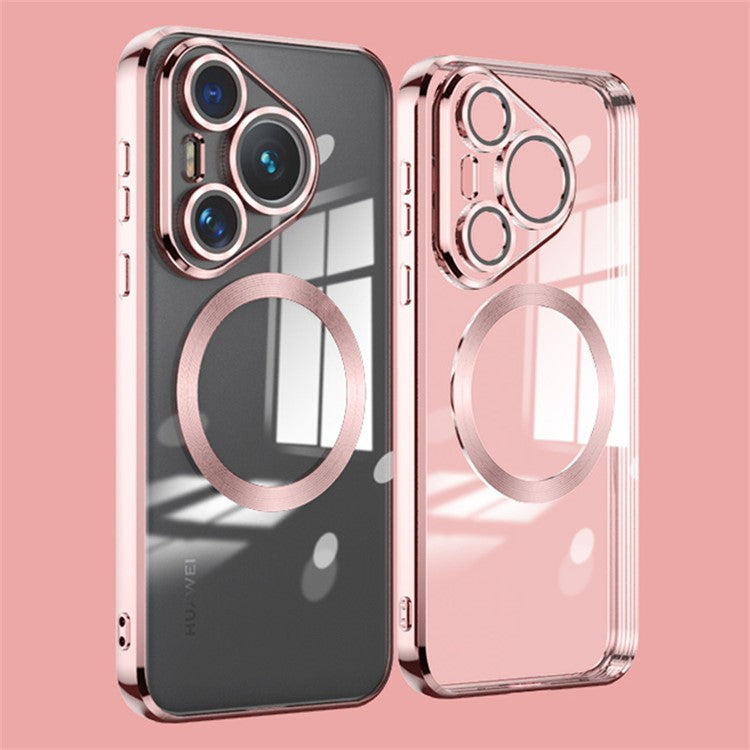 For Huawei Pura 70 Case Electroplating Clear TPU Cell Phone Cover Built-In Glass Lens Film - Rose Gold