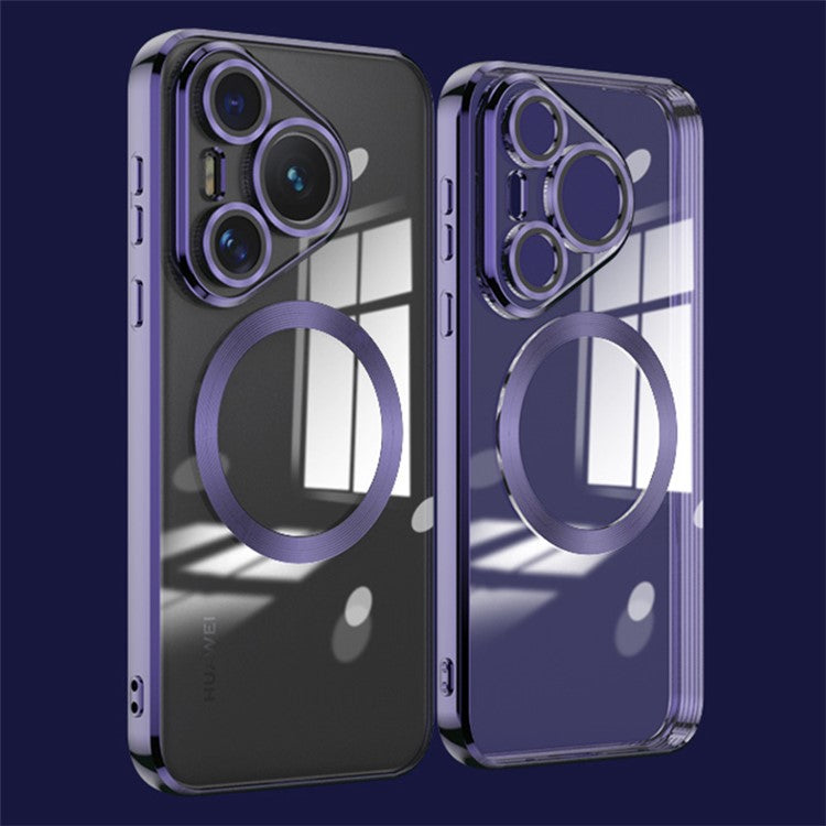 For Huawei Pura 70 Case Electroplating Clear TPU Cell Phone Cover Built-In Glass Lens Film - Dark Purple