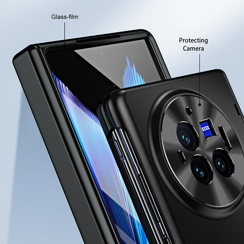 For vivo X Fold3 Pro Case PU Leather Coated PC Phone Cover with Tempered Glass Screen Film - Transparent