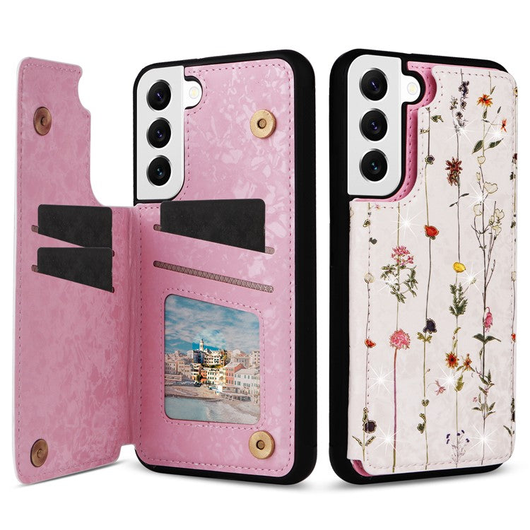 For Samsung Galaxy S22 5G Pattern Printing Case Kickstand Card Slots Phone Back Shell - Dried Flower