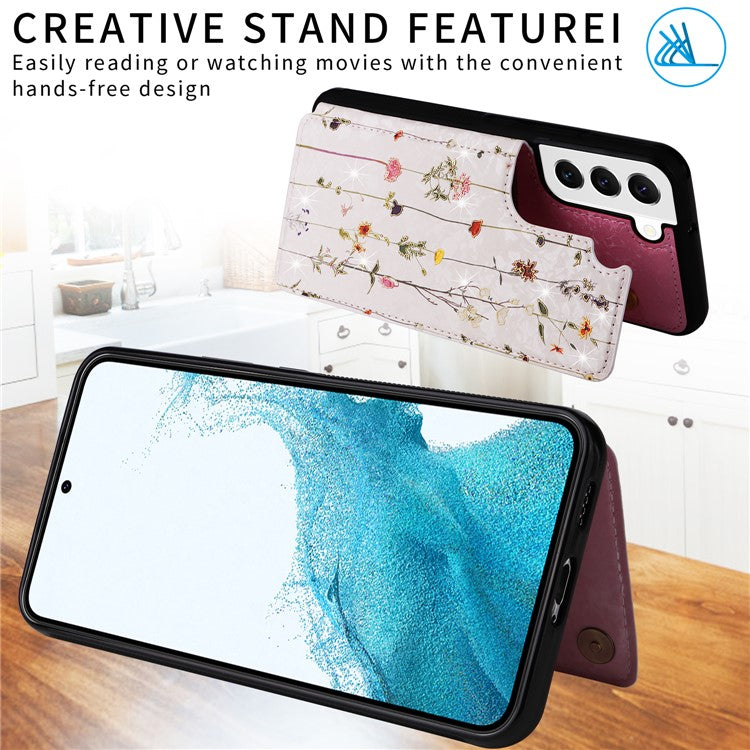 For Samsung Galaxy S22 5G Pattern Printing Case Kickstand Card Slots Phone Back Shell - Dried Flower