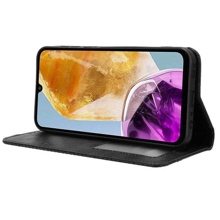 For Samsung Galaxy F15 5G / M15 5G Case Vintage PU Leather Folio Phone Cover with Cash / Card Slots - Black