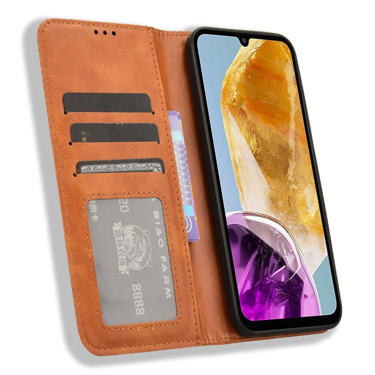 For Samsung Galaxy F15 5G / M15 5G Case Vintage PU Leather Folio Phone Cover with Cash / Card Slots - Brown